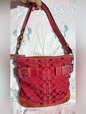Coach Vintage Red Signature Jacquard Canvas Shoulder Bag with Leather Trim